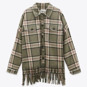 𝅺ZARA Blogger FAV Studded Plaid Fringe Shacket Size S